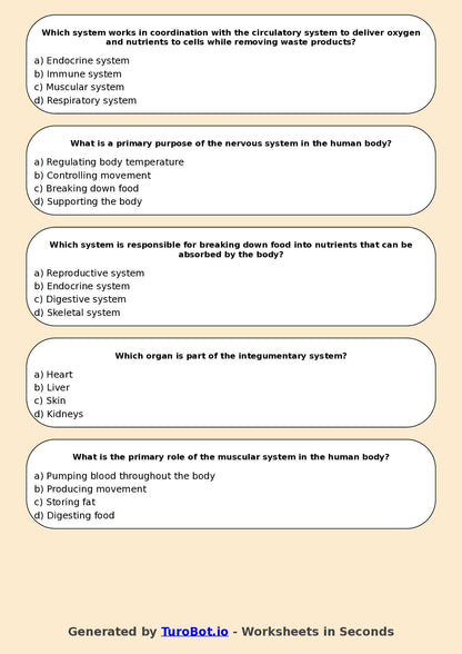 Year 7 Science Multiple Choice Worksheet – Human Body Systems Overview