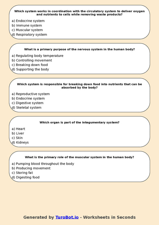 Year 7 Science Multiple Choice Worksheet – Human Body Systems Overview