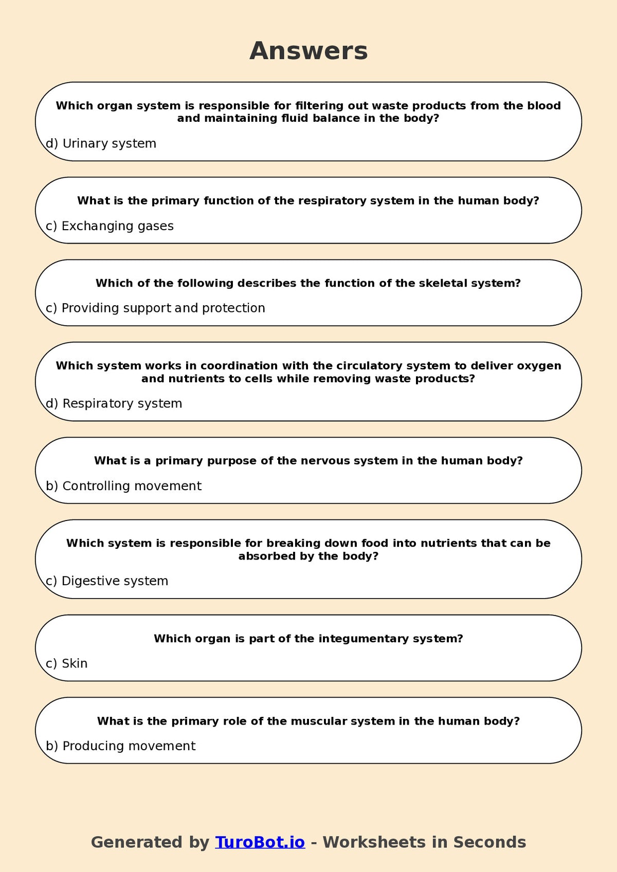 Year 7 Science Multiple Choice Worksheet – Human Body Systems Overview