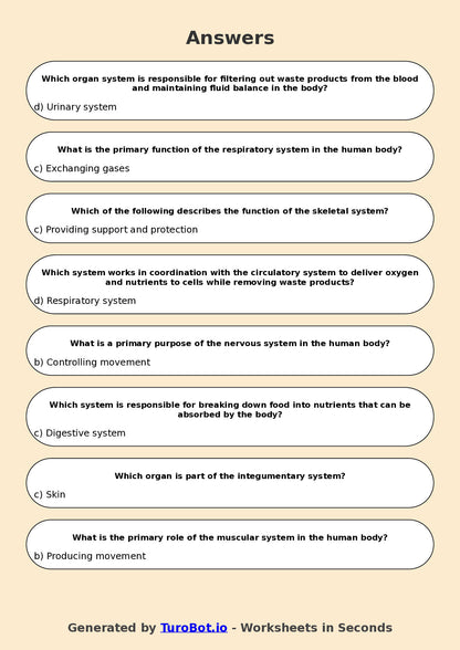 Year 7 Science Multiple Choice Worksheet – Human Body Systems Overview