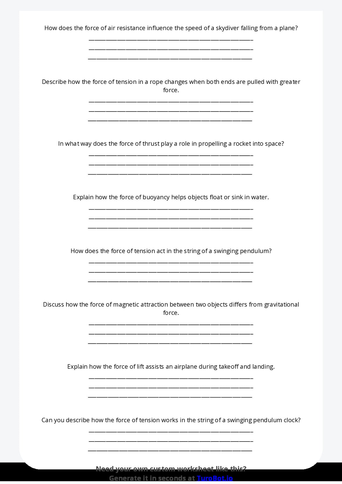 Free Worksheet - Year 7 Science Forces and Motion in Everyday Life Short Answer Response