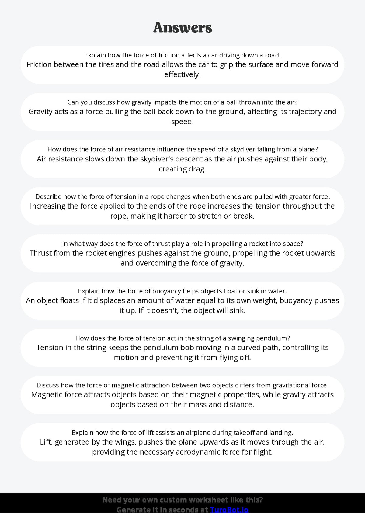 Free Worksheet - Year 7 Science Forces and Motion in Everyday Life Short Answer Response
