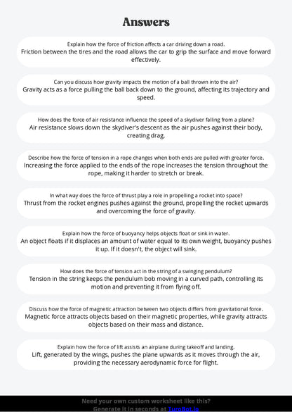 Free Worksheet - Year 7 Science Forces and Motion in Everyday Life Short Answer Response
