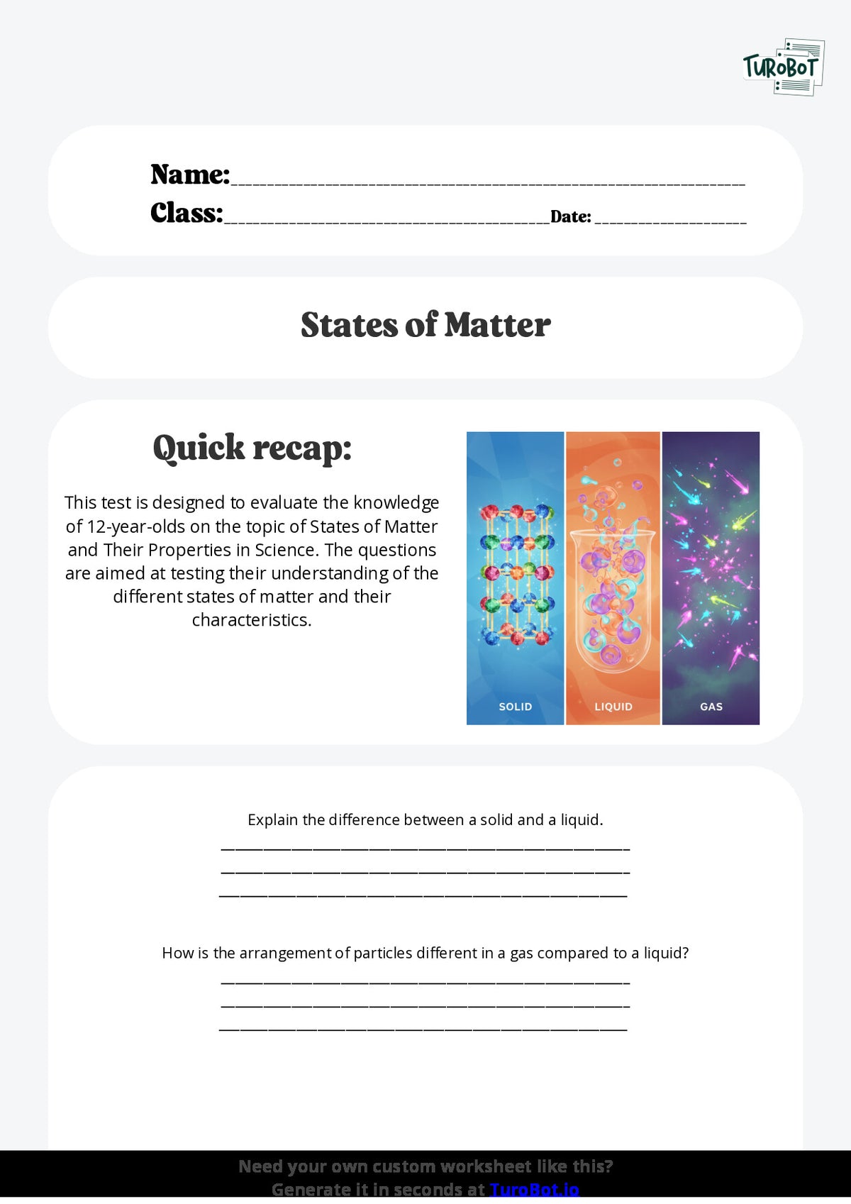 Free Worksheet - Year 7 Science States of Matter and Their Properties Short Answer Response