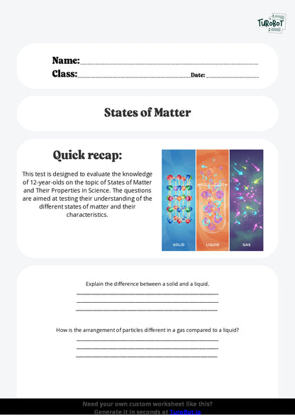 Free Worksheet - Year 7 Science States of Matter and Their Properties Short Answer Response