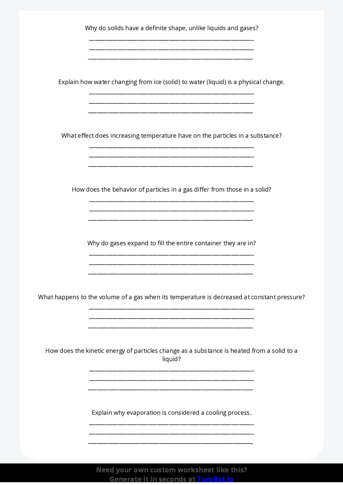 Free Worksheet - Year 7 Science States of Matter and Their Properties Short Answer Response