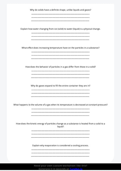 Free Worksheet - Year 7 Science States of Matter and Their Properties Short Answer Response
