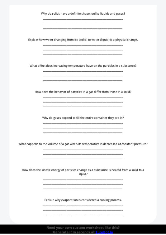 Free Worksheet - Year 7 Science States of Matter and Their Properties Short Answer Response
