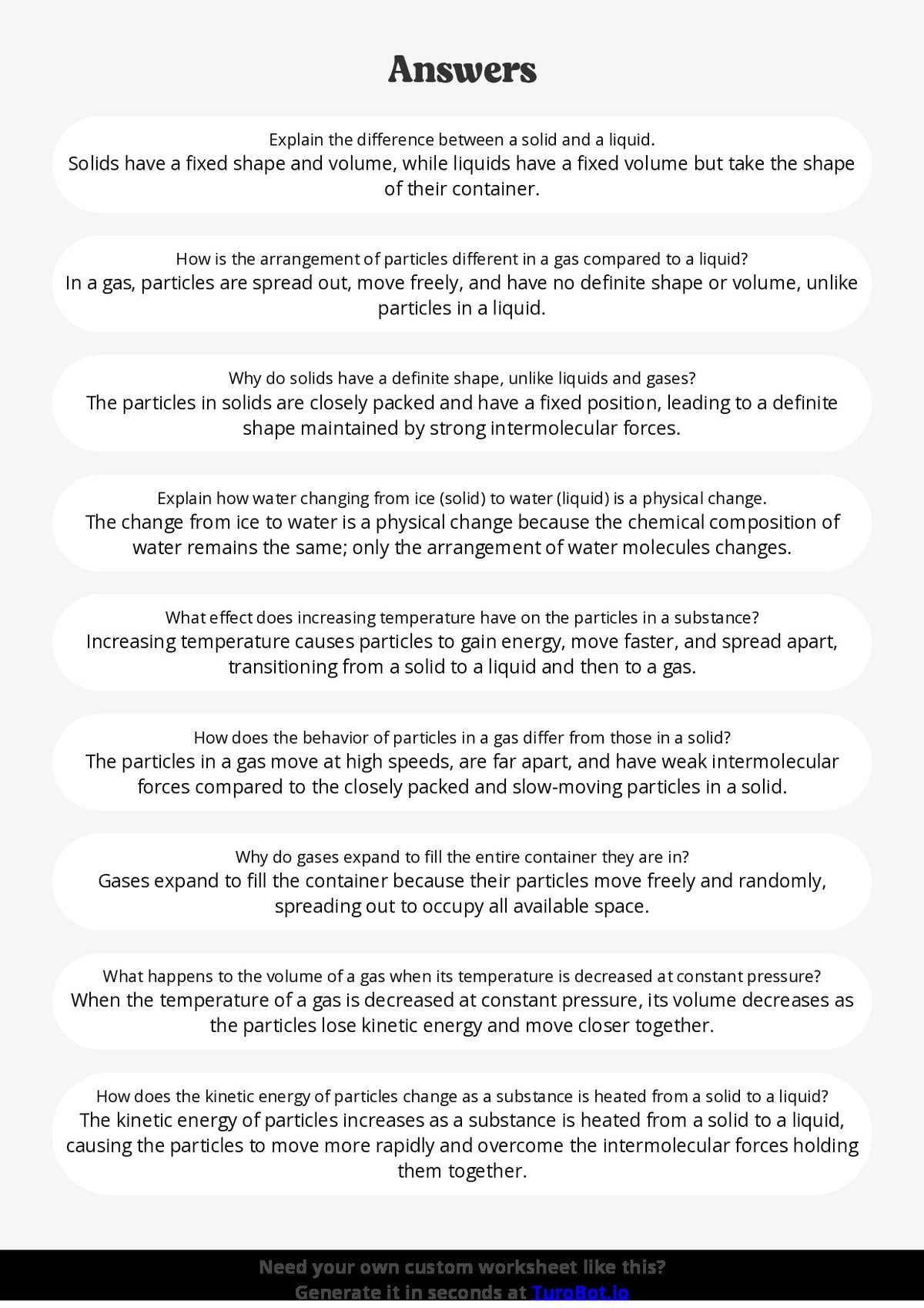Free Worksheet - Year 7 Science States of Matter and Their Properties Short Answer Response