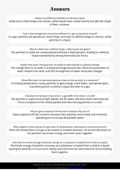 Free Worksheet - Year 7 Science States of Matter and Their Properties Short Answer Response