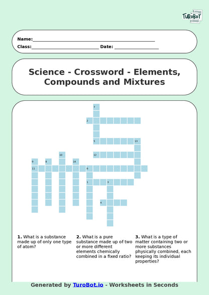 Science - Year 8 - Crossword - Elements, Compounds and Mixtures