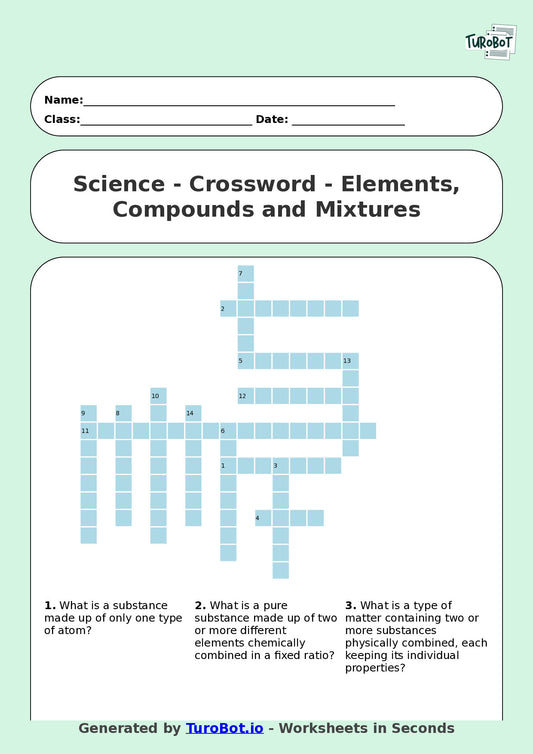 Science - Year 8 - Crossword - Elements, Compounds and Mixtures