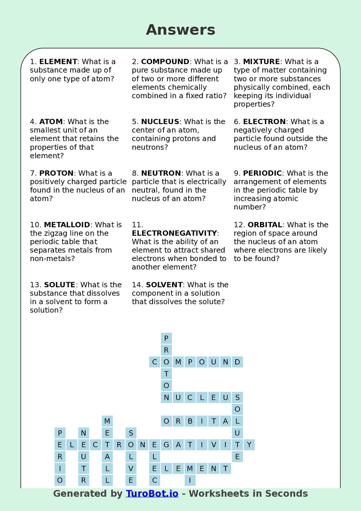 Science - Year 8 - Crossword - Elements, Compounds and Mixtures