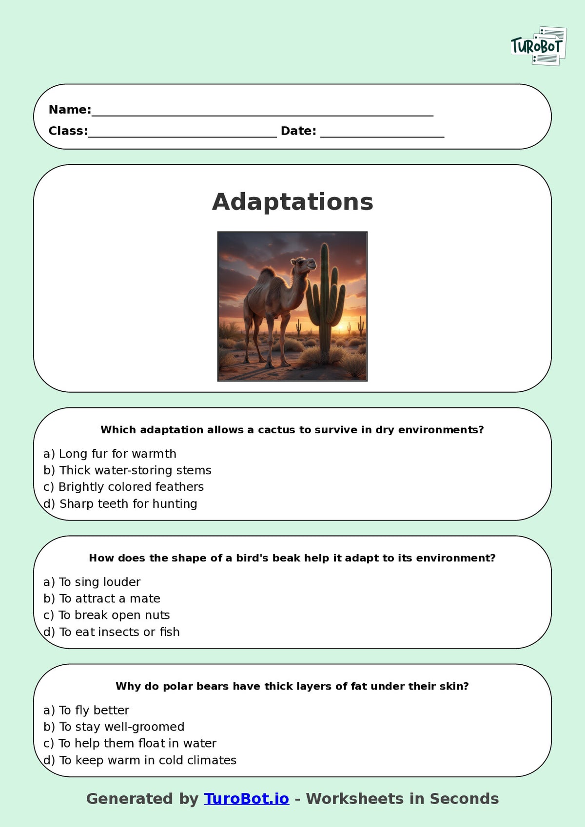 Year 8 Science Multiple Choice Worksheet – Adaptations in Plants and Animals