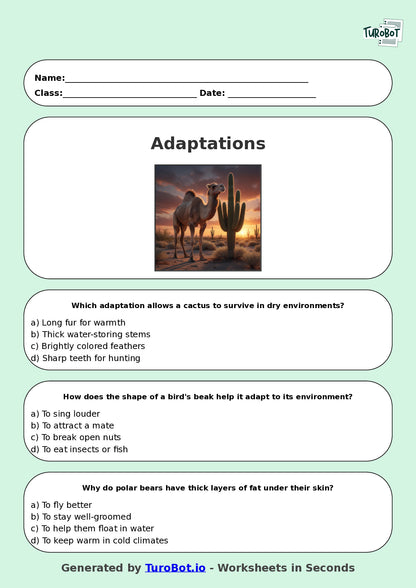 Year 8 Science Multiple Choice Worksheet – Adaptations in Plants and Animals