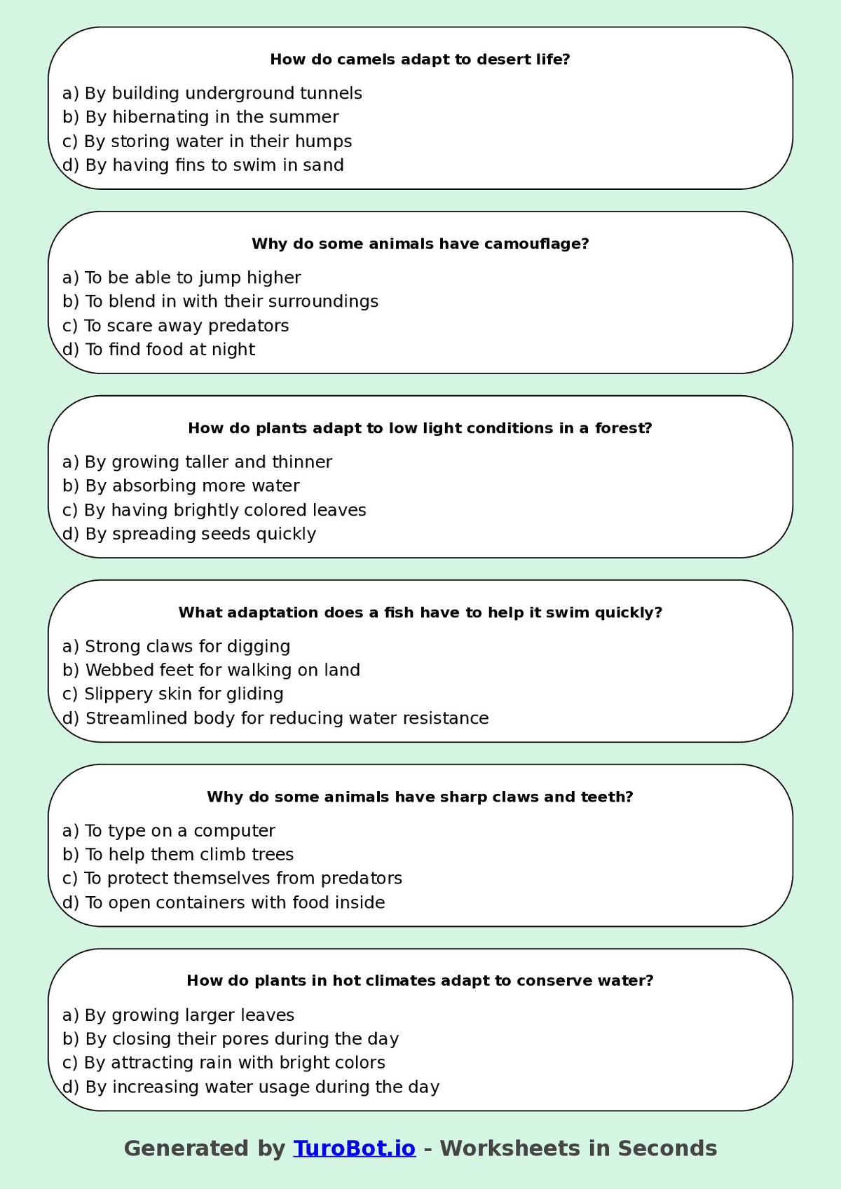 Year 8 Science Multiple Choice Worksheet – Adaptations in Plants and Animals