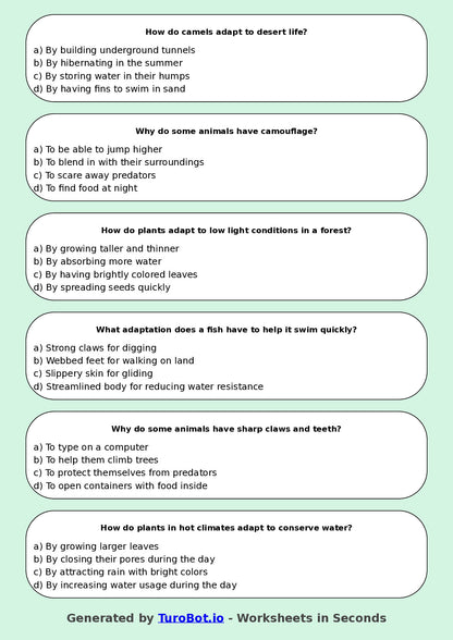 Year 8 Science Multiple Choice Worksheet – Adaptations in Plants and Animals