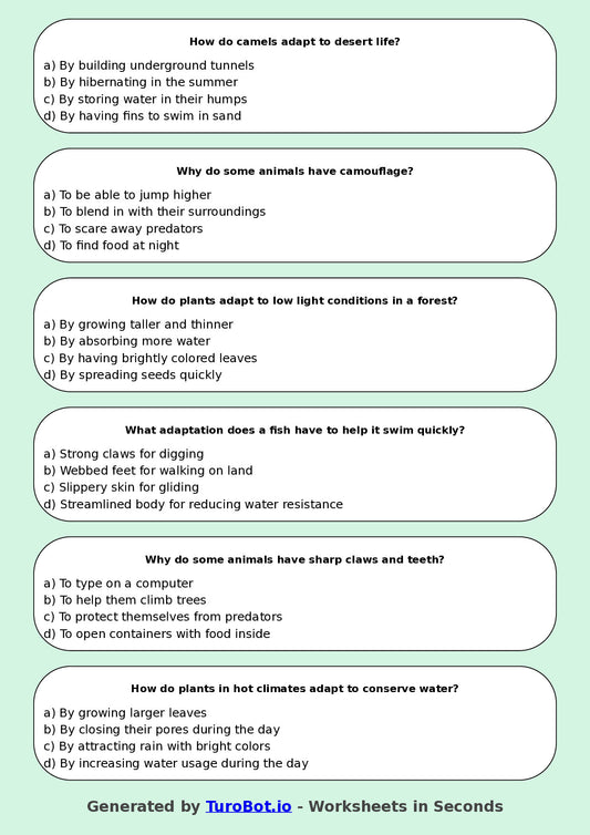 Year 8 Science Multiple Choice Worksheet – Adaptations in Plants and Animals