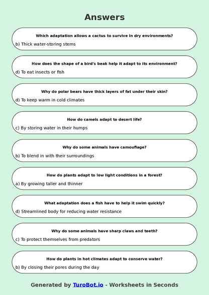 Year 8 Science Multiple Choice Worksheet – Adaptations in Plants and Animals