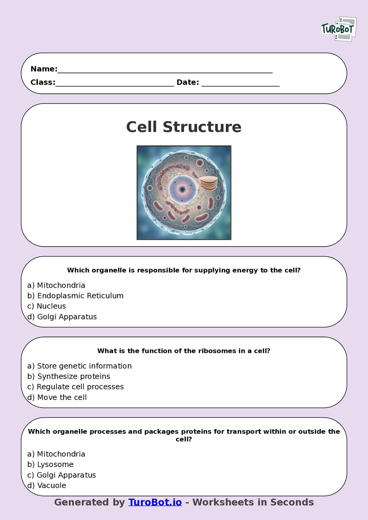 Year 8 Science Multiple Choice Worksheet – Cell Structure Introduction