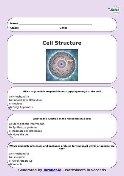 Year 8 Science Multiple Choice Worksheet – Cell Structure Introduction