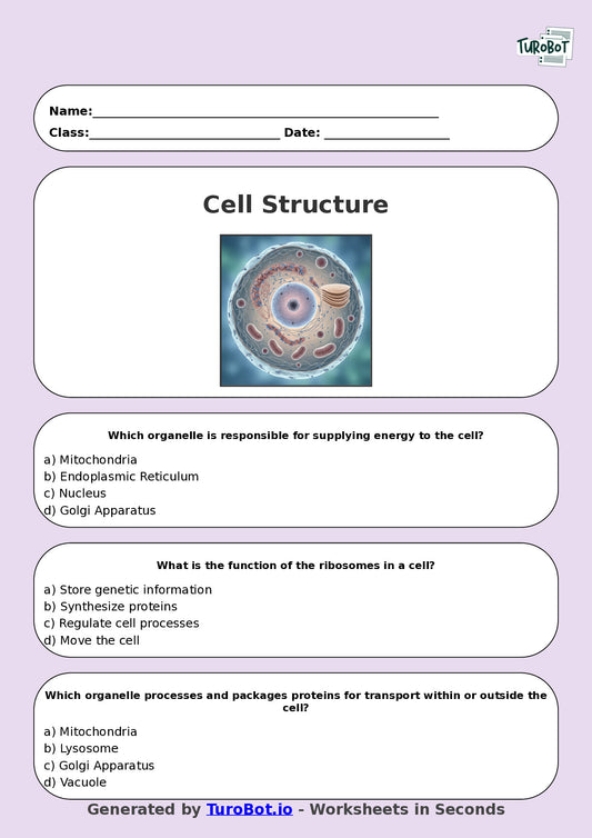 Year 8 Science Multiple Choice Worksheet – Cell Structure Introduction