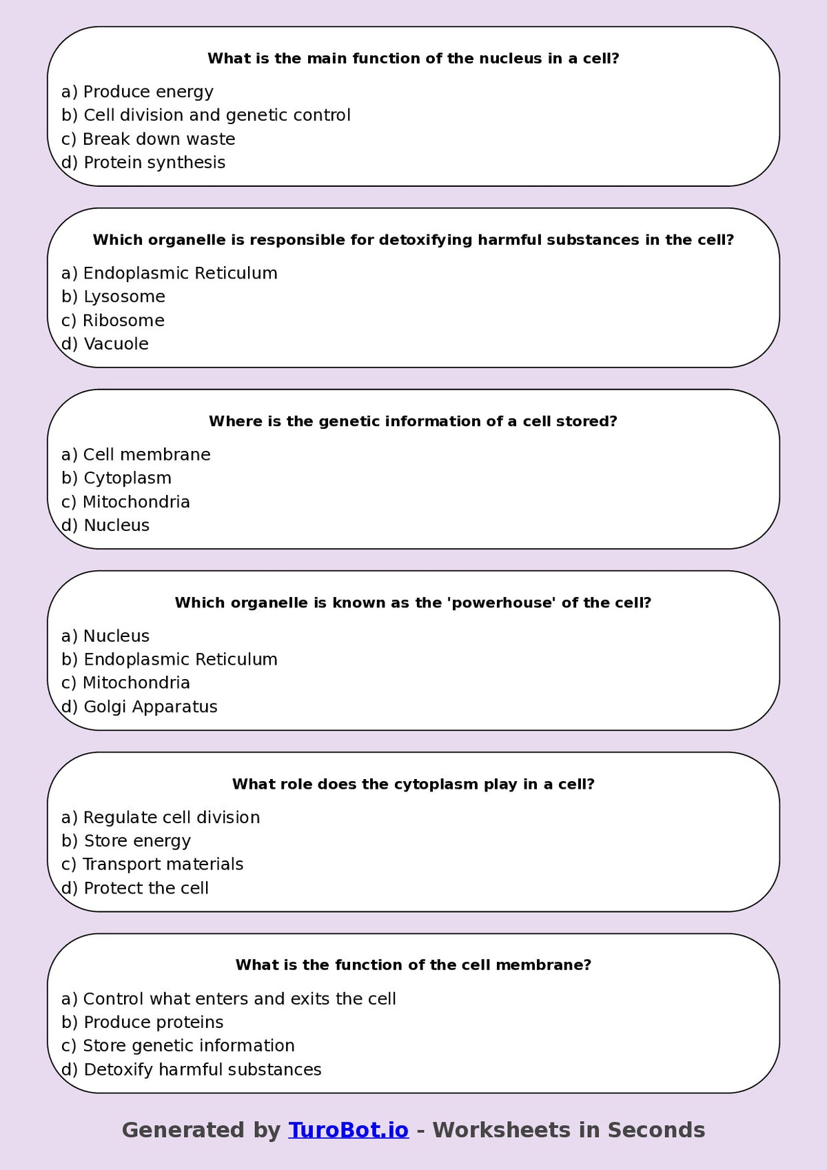 Year 8 Science Multiple Choice Worksheet – Cell Structure Introduction