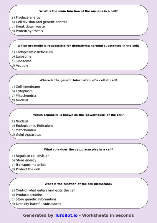Year 8 Science Multiple Choice Worksheet – Cell Structure Introduction