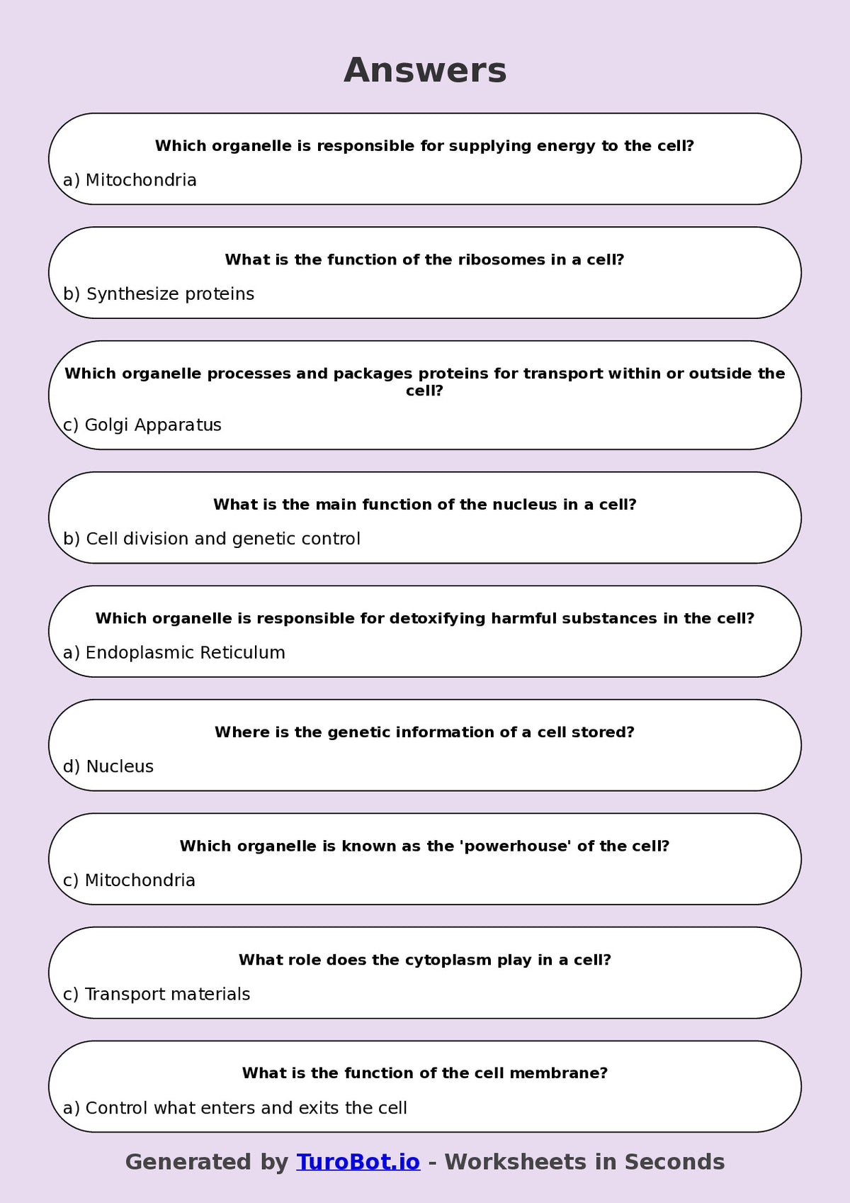 Year 8 Science Multiple Choice Worksheet – Cell Structure Introduction