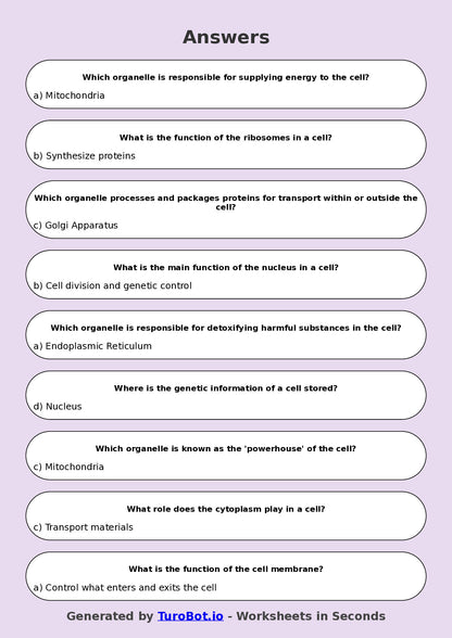 Year 8 Science Multiple Choice Worksheet – Cell Structure Introduction