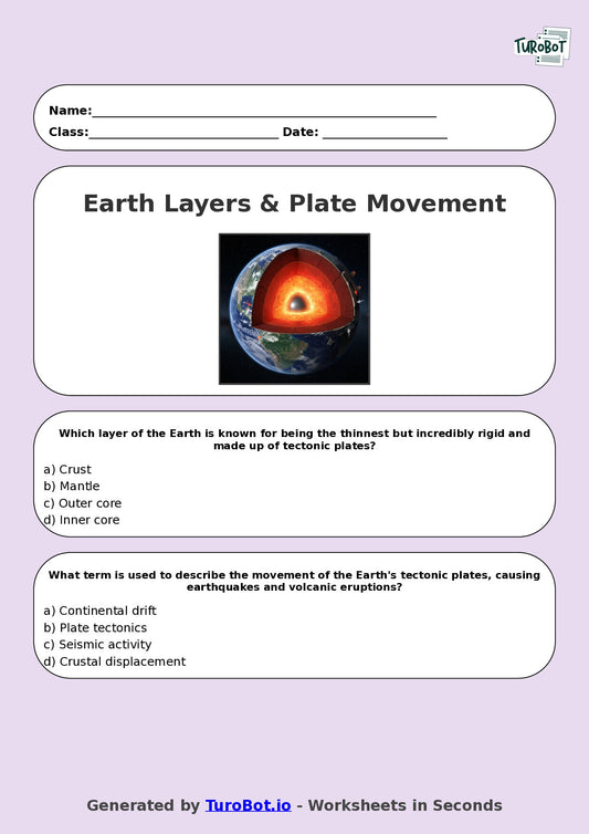 Year 8 Science Multiple Choice Worksheet – Earths Layers and Plate Movement