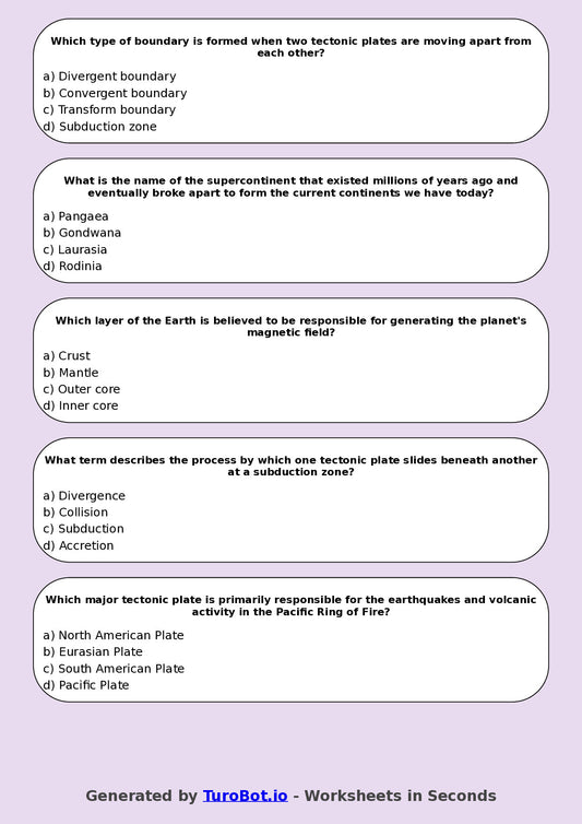 Year 8 Science Multiple Choice Worksheet – Earths Layers and Plate Movement