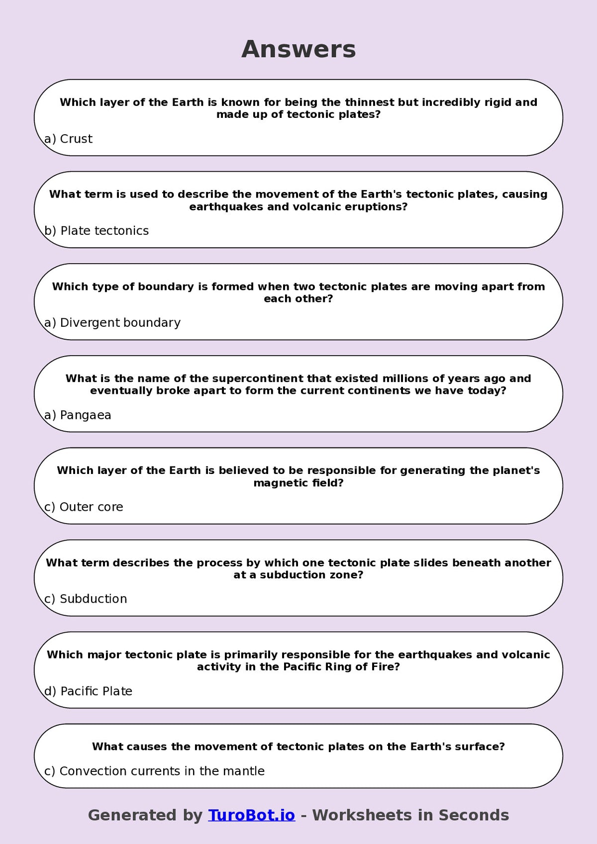 Year 8 Science Multiple Choice Worksheet – Earths Layers and Plate Movement