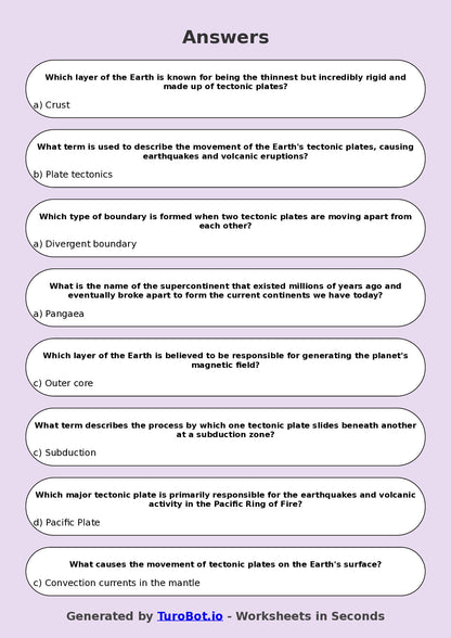 Year 8 Science Multiple Choice Worksheet – Earths Layers and Plate Movement