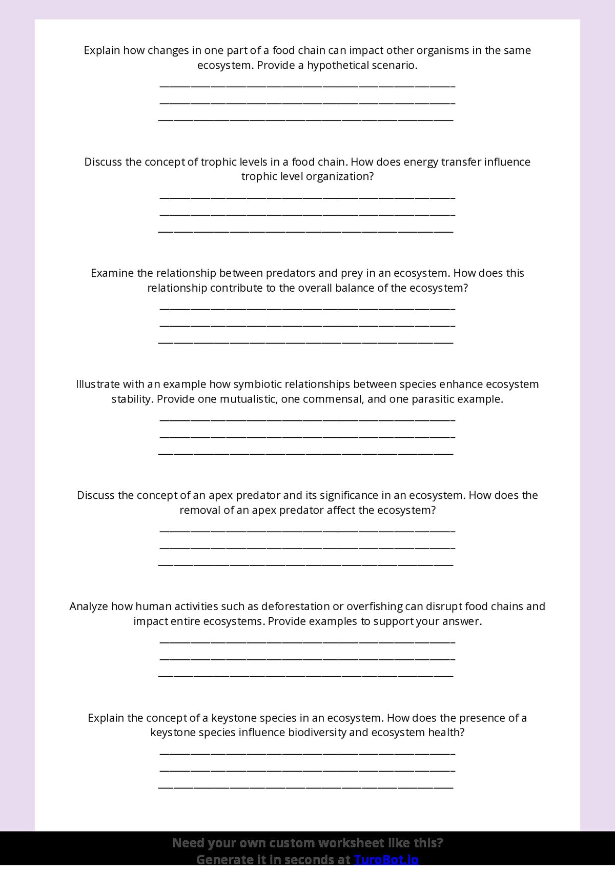 Free Worksheet - Year 8 Science Food Chains and Ecosystems Short Answer Response