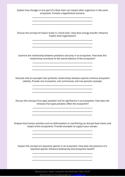 Free Worksheet - Year 8 Science Food Chains and Ecosystems Short Answer Response