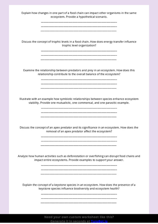 Free Worksheet - Year 8 Science Food Chains and Ecosystems Short Answer Response