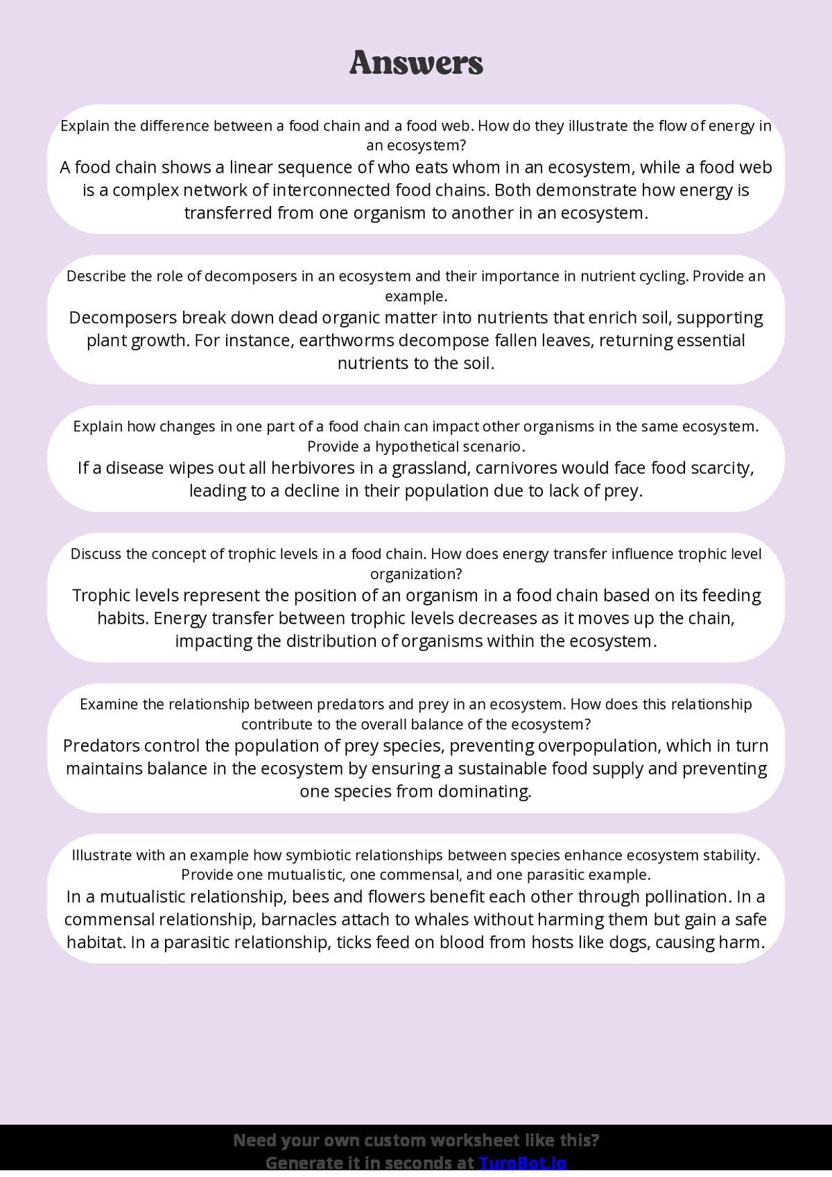 Free Worksheet - Year 8 Science Food Chains and Ecosystems Short Answer Response