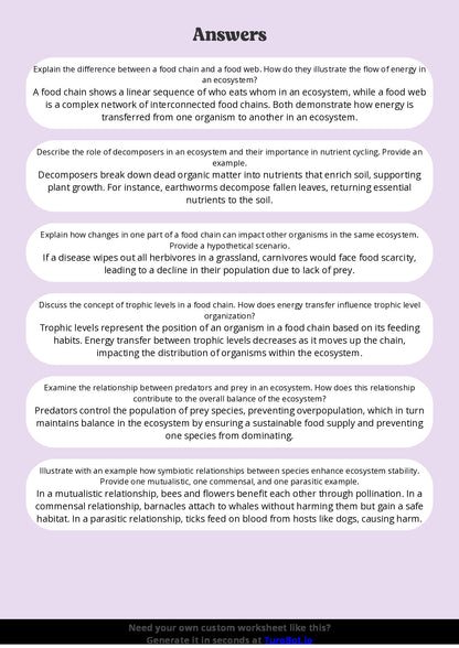 Free Worksheet - Year 8 Science Food Chains and Ecosystems Short Answer Response