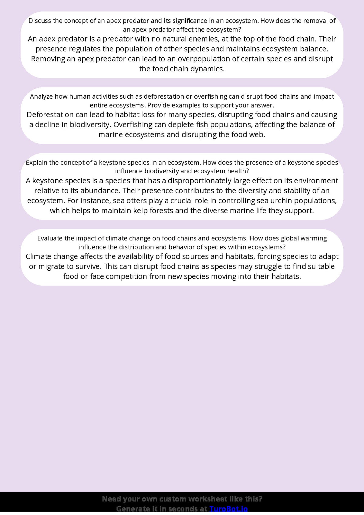 Free Worksheet - Year 8 Science Food Chains and Ecosystems Short Answer Response