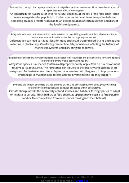 Free Worksheet - Year 8 Science Food Chains and Ecosystems Short Answer Response