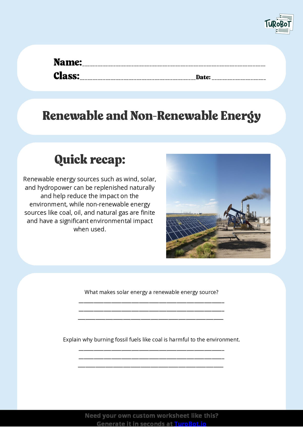 Free Worksheet - Year 8 Science Renewable and Non-Renewable Energy Sources Short Answer Response