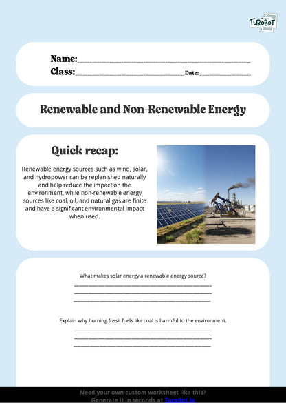 Free Worksheet - Year 8 Science Renewable and Non-Renewable Energy Sources Short Answer Response