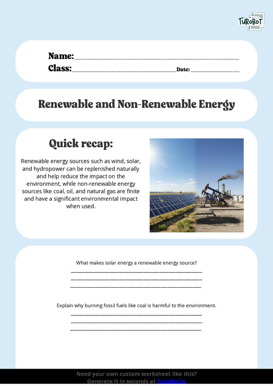 Free Worksheet - Year 8 Science Renewable and Non-Renewable Energy Sources Short Answer Response