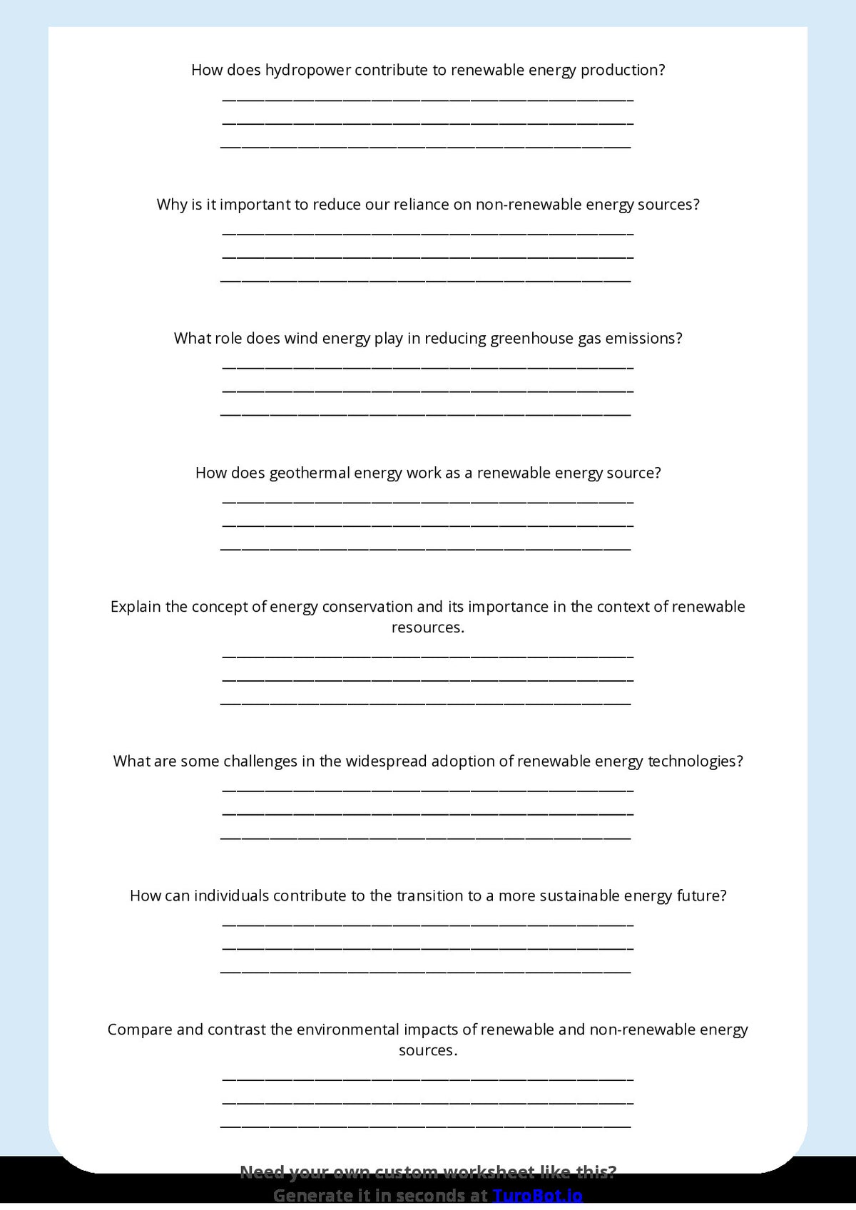 Free Worksheet - Year 8 Science Renewable and Non-Renewable Energy Sources Short Answer Response