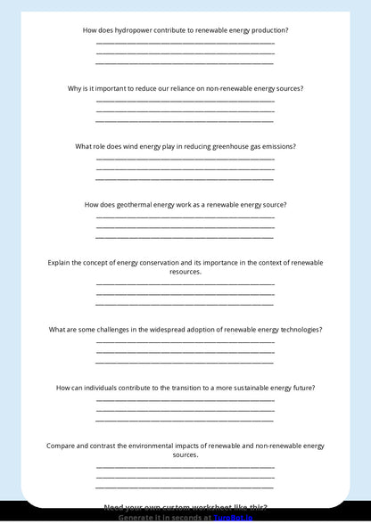 Free Worksheet - Year 8 Science Renewable and Non-Renewable Energy Sources Short Answer Response