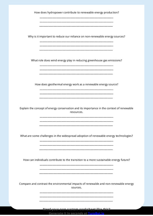 Free Worksheet - Year 8 Science Renewable and Non-Renewable Energy Sources Short Answer Response