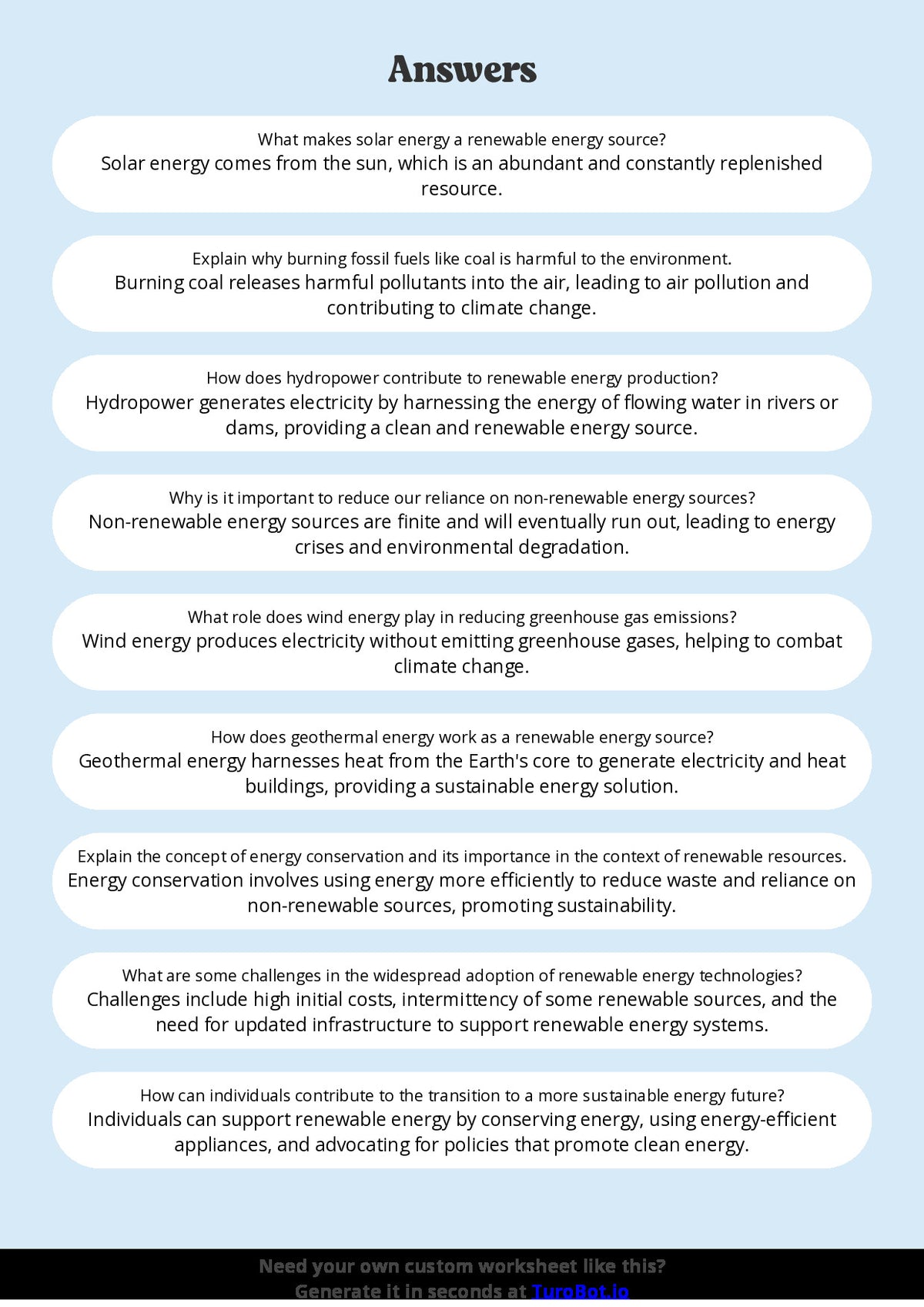 Free Worksheet - Year 8 Science Renewable and Non-Renewable Energy Sources Short Answer Response