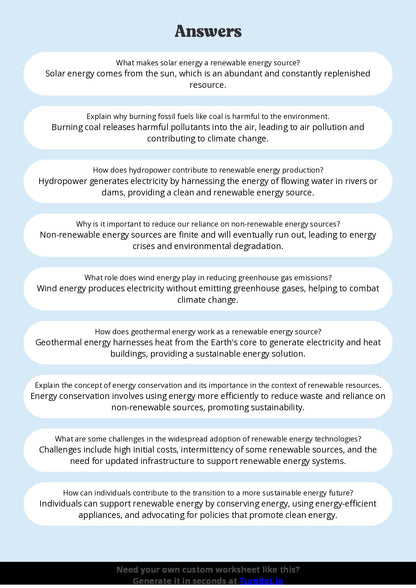 Free Worksheet - Year 8 Science Renewable and Non-Renewable Energy Sources Short Answer Response