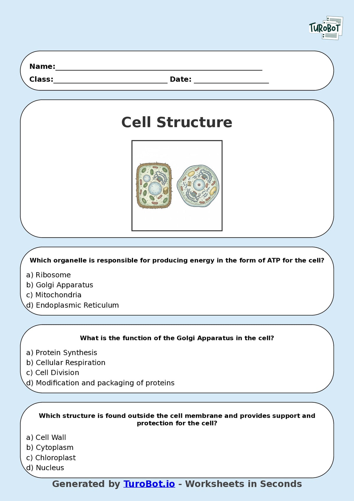 Year 9 Science Multiple Choice Worksheet – Cell Structure and Functions